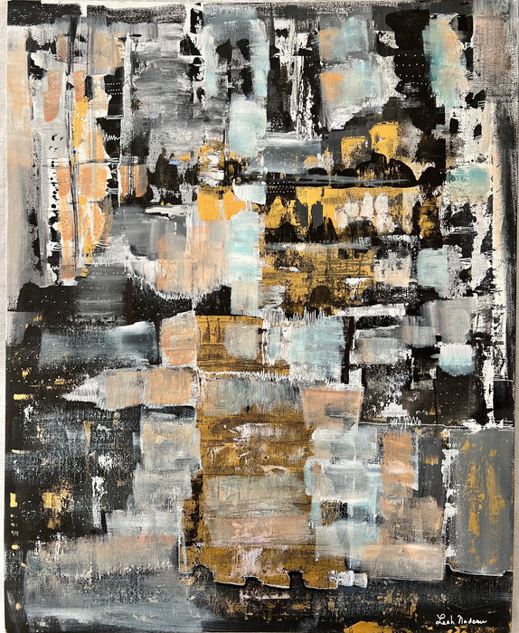 Introducing "Starry Nights" by leahnadeau, an abstract painting showcasing a harmonious blend of black, white, grey, and gold on a canvas panel. Featuring bold brush strokes and textured layers enhanced with gold leaf, this artwork presents a dynamic composition focused on rectangular and square shapes.