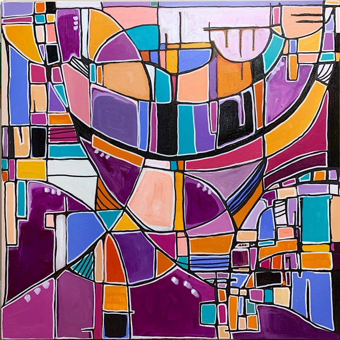 The "A Friend of Dorothy" painting by leahnadeau is a vibrant piece filled with interlocking geometric shapes in bold colors such as purple, orange, pink, blue, yellow, and black. Part of the Abstract Cityscape series, it features curved and straight lines that create a dynamic, mosaic-like pattern.
