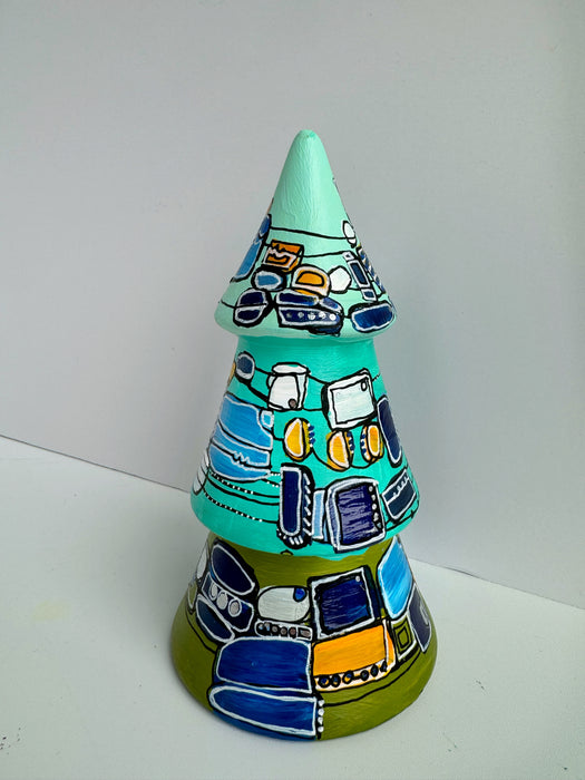 Aqua, Yellow and Blue Hand-Painted Ceramic Tree