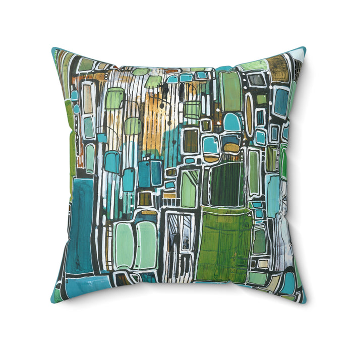 Abstract Geometric Green Blue Square Pillow — Modern Decorative Throw Cushion
