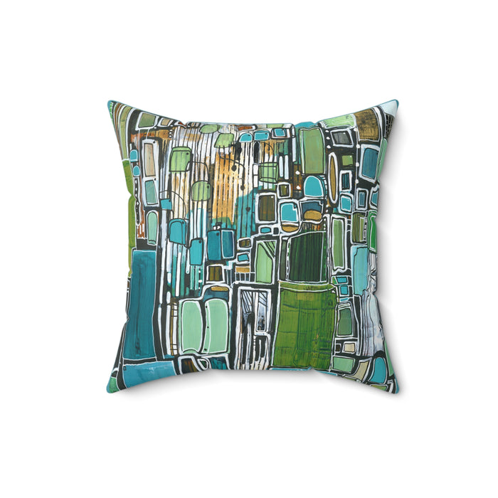 Abstract Geometric Green Blue Square Pillow — Modern Decorative Throw Cushion