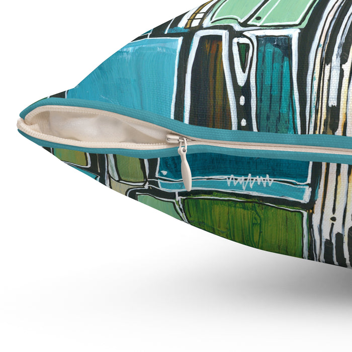 Abstract Geometric Green Blue Square Pillow — Modern Decorative Throw Cushion