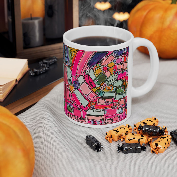 Abstract Pink Geometric Ceramic Mug — Colorful Modern Art Coffee Cup (11oz)