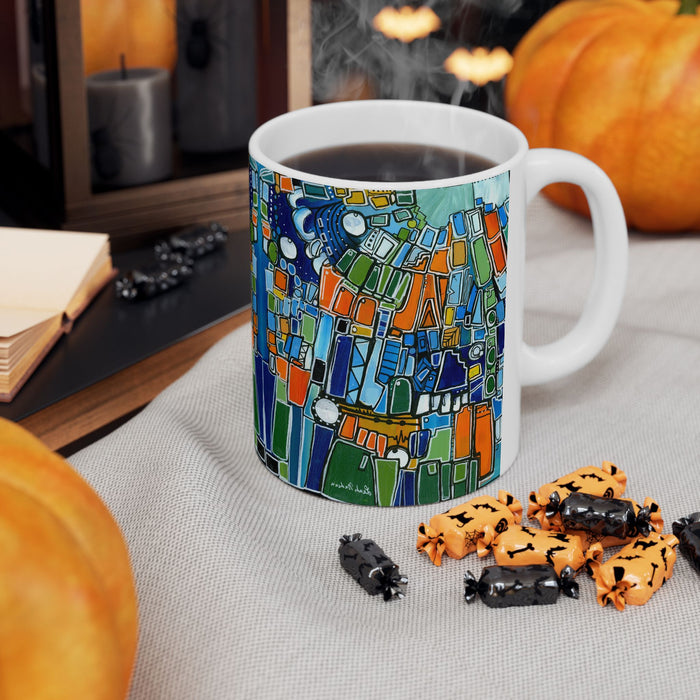 Abstract Green Geometric Ceramic Mug — Colorful Modern Art Coffee Cup (11oz)
