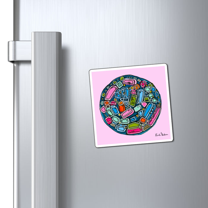 Colorful Circular Collage Magnet — Abstract Pink Fridge Art