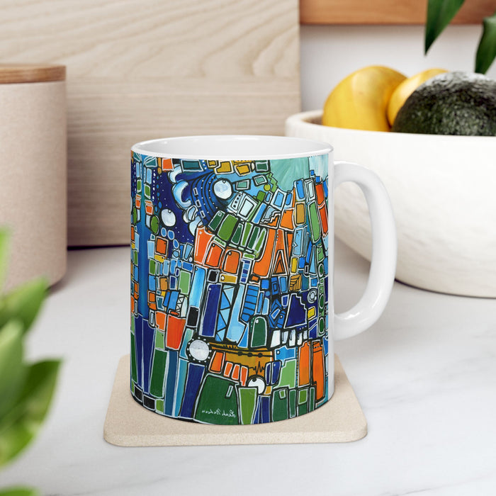 Abstract Green Geometric Ceramic Mug — Colorful Modern Art Coffee Cup (11oz)