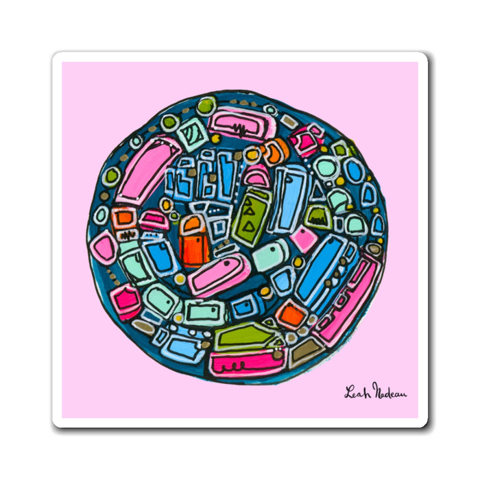 Colorful Circular Collage Magnet — Abstract Pink Fridge Art