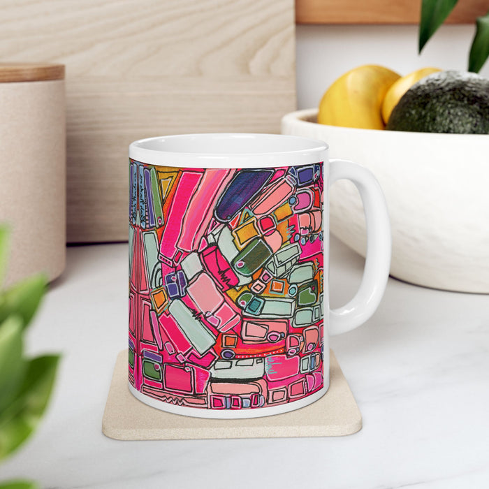 Abstract Pink Geometric Ceramic Mug — Colorful Modern Art Coffee Cup (11oz)
