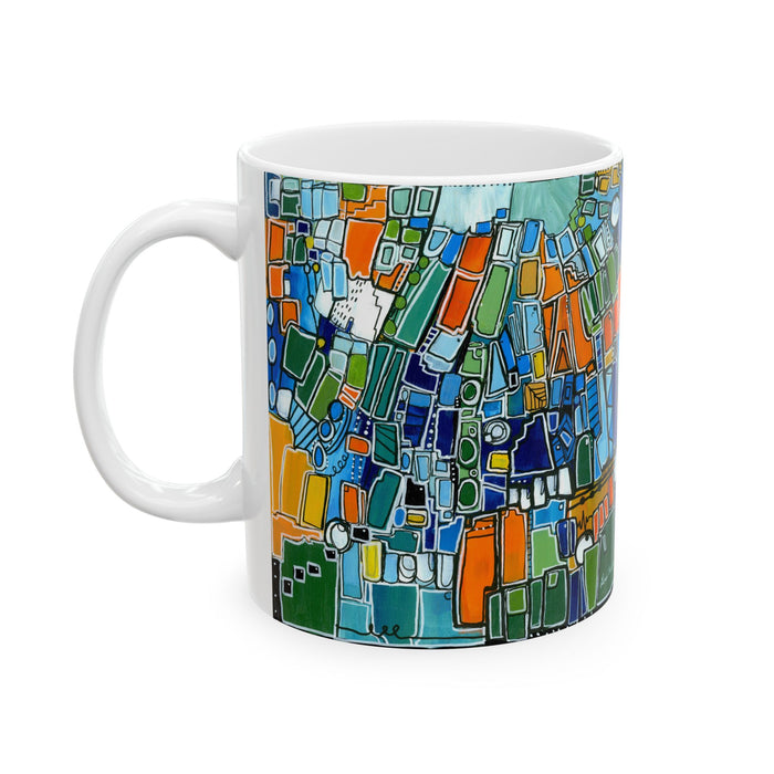 Abstract Green Geometric Ceramic Mug — Colorful Modern Art Coffee Cup (11oz)