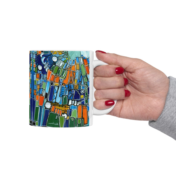 Abstract Green Geometric Ceramic Mug — Colorful Modern Art Coffee Cup (11oz)