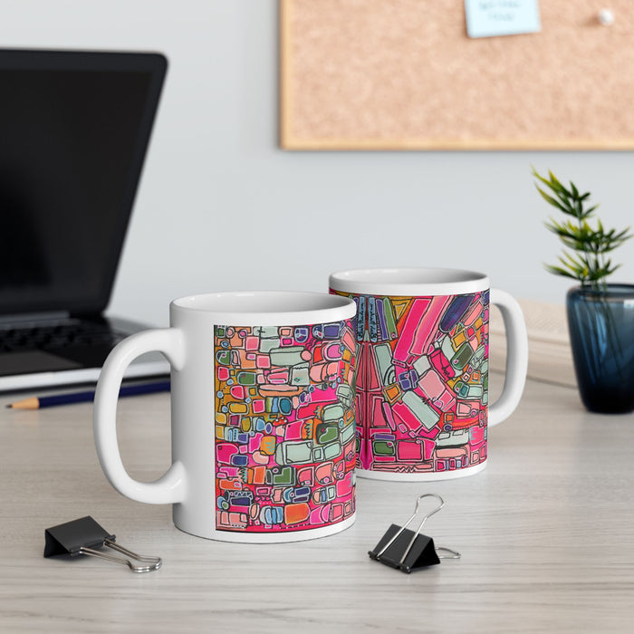 Abstract Pink Geometric Ceramic Mug — Colorful Modern Art Coffee Cup (11oz)