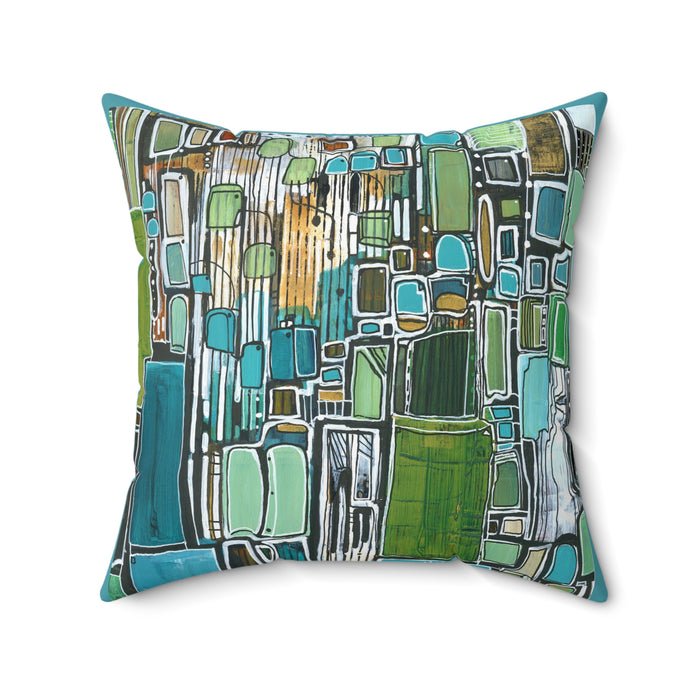 Abstract Geometric Green Blue Square Pillow — Modern Decorative Throw Cushion