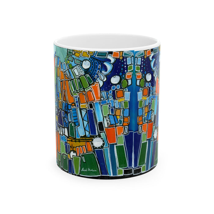 Abstract Green Geometric Ceramic Mug — Colorful Modern Art Coffee Cup (11oz)