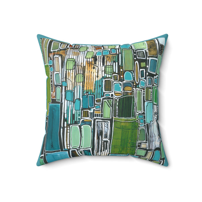 Abstract Geometric Green Blue Square Pillow — Modern Decorative Throw Cushion