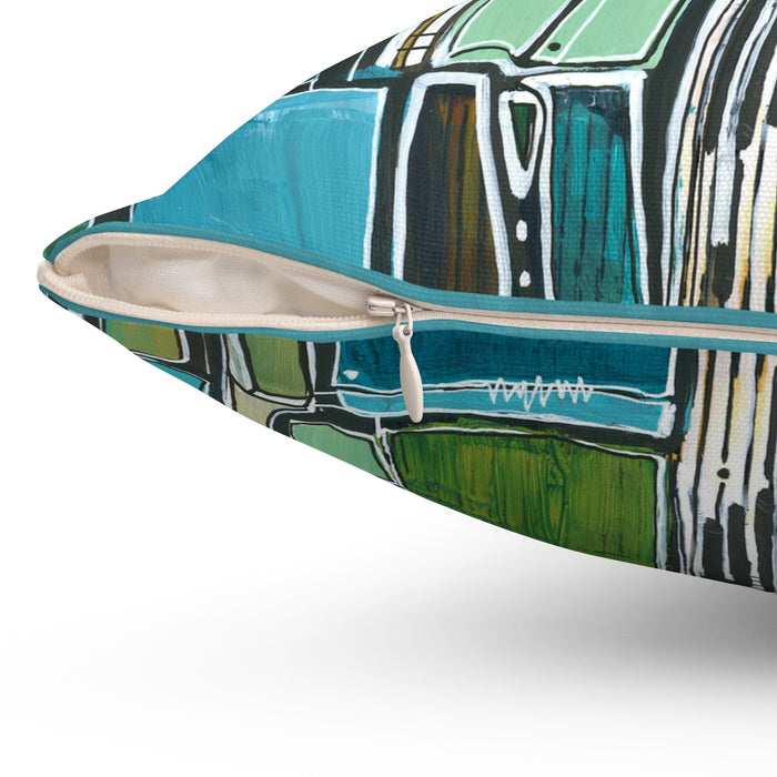Abstract Geometric Green Blue Square Pillow — Modern Decorative Throw Cushion