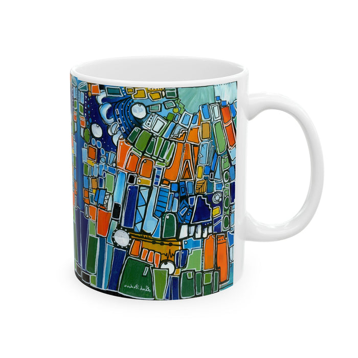 Abstract Green Geometric Ceramic Mug — Colorful Modern Art Coffee Cup (11oz)
