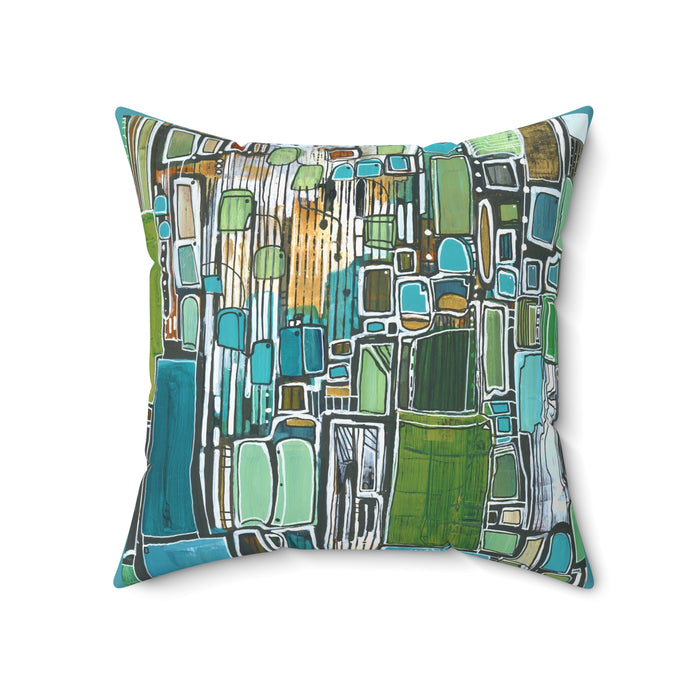 Abstract Geometric Green Blue Square Pillow — Modern Decorative Throw Cushion