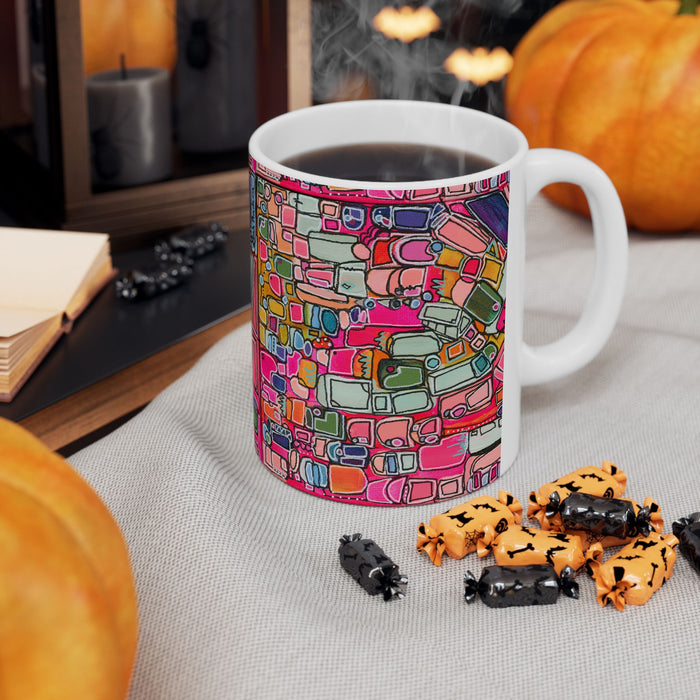 Abstract Pink Geometric Ceramic Mug — Colorful Modern Art Coffee Cup (11oz)