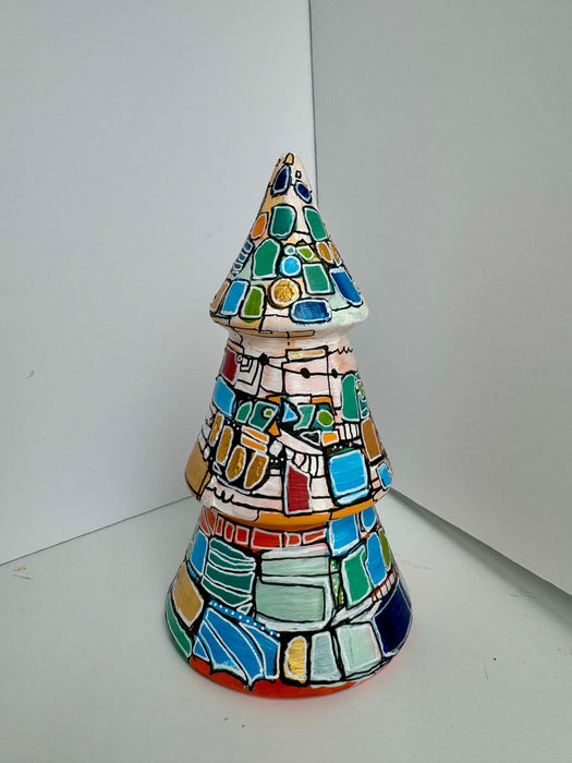 White, Blue, Green and Gold Hand-Painted Ceramic Tree