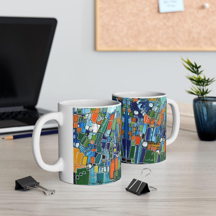 Abstract Green Geometric Ceramic Mug — Colorful Modern Art Coffee Cup (11oz)