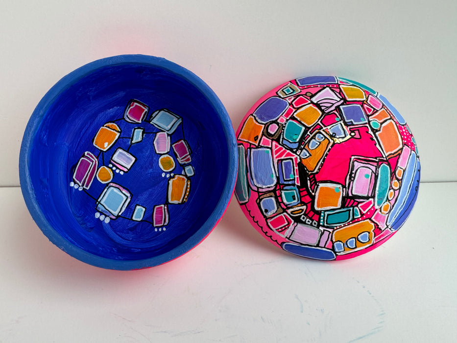 Neon Pink and Blue Hand-Painted Round Ceramic Box