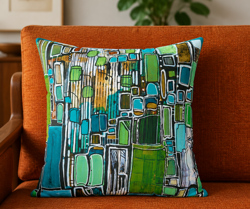 Abstract Geometric Green Blue Square Pillow — Modern Decorative Throw Cushion