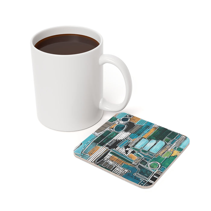 Abstract Teal Geometric Coaster Set (4) — Modern Hardboard Coasters with Cork Bottom