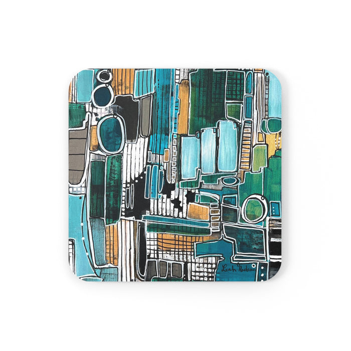 Abstract Teal Geometric Coaster Set (4) — Modern Hardboard Coasters with Cork Bottom