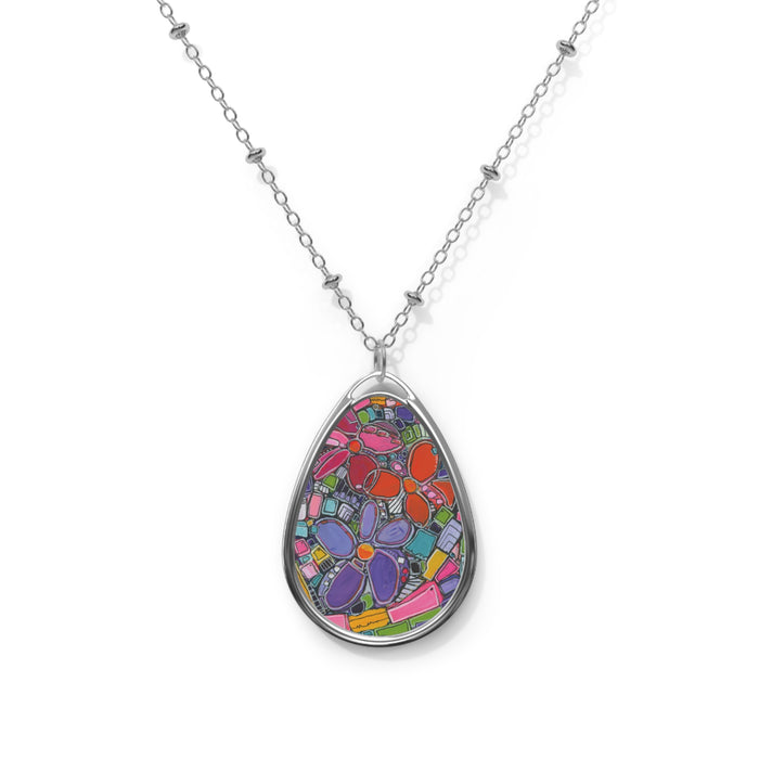 Oval Necklace - "Daisy Power" Teardrop Pendant on Silver Chain