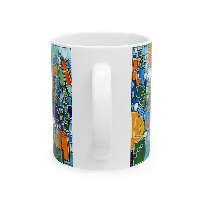 Abstract Green Geometric Ceramic Mug — Colorful Modern Art Coffee Cup (11oz)