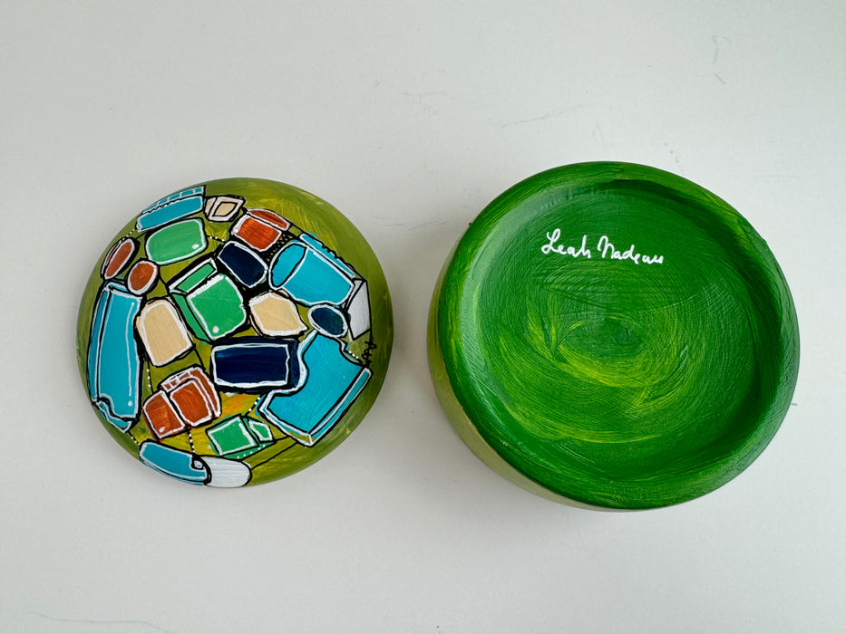 Green and Orange Hand-Painted Round Ceramic Box