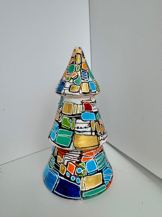 White, Blue, Green and Gold Hand-Painted Ceramic Tree