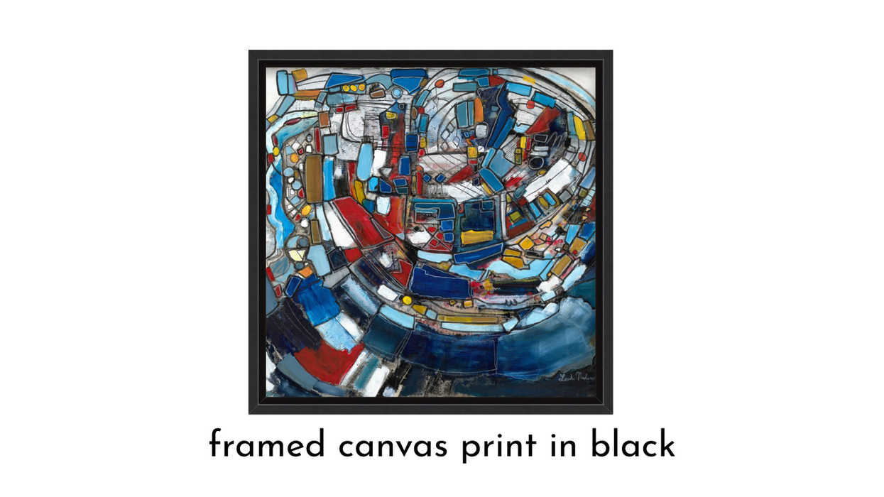 Framed Mid Century Modern abstract canvas print in primary colors with a black frame on a white background