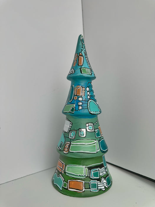 Green, Turquoise and Silver Hand-Painted Ceramic Tree