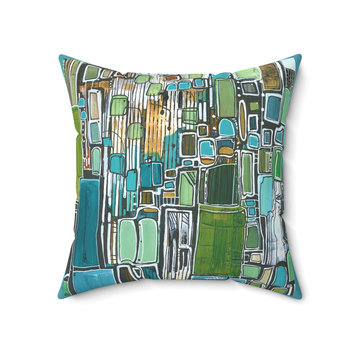 Abstract Geometric Green Blue Square Pillow — Modern Decorative Throw Cushion