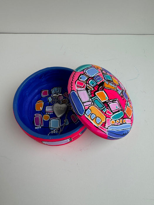 Neon Pink and Blue Hand-Painted Round Ceramic Box