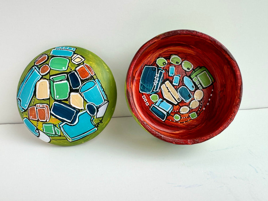 Green and Orange Hand-Painted Round Ceramic Box