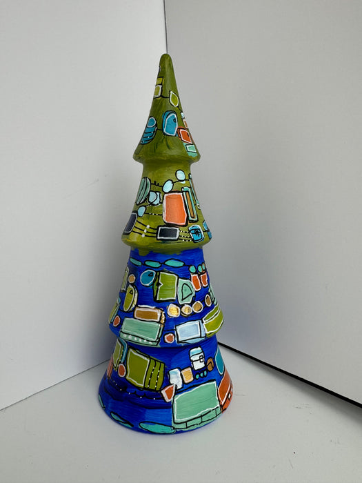 Ultramarine and Lime Green Hand-Painted Ceramic Tree