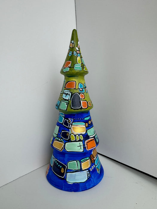 Ultramarine and Lime Green Hand-Painted Ceramic Tree