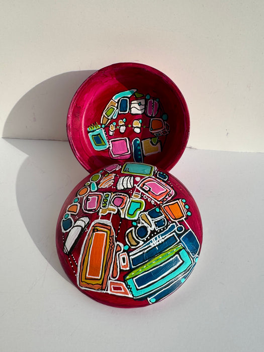 Magenta and Teal Hand-Painted Round Ceramic Box