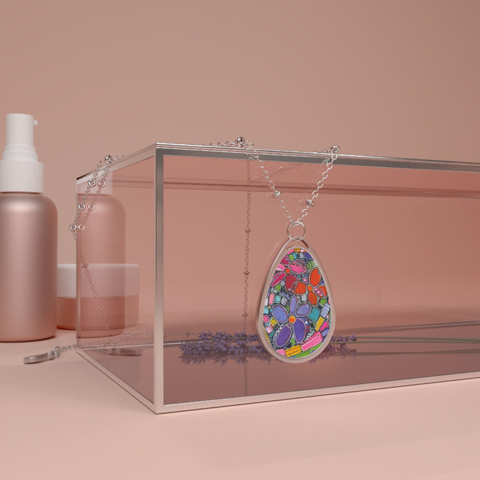 Oval Necklace - "Daisy Power" Teardrop Pendant on Silver Chain