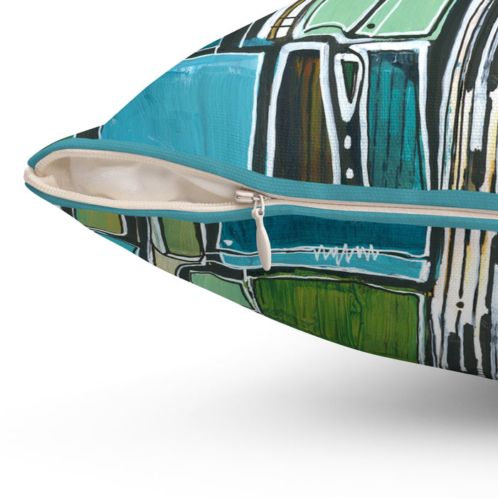 Abstract Geometric Green Blue Square Pillow — Modern Decorative Throw Cushion