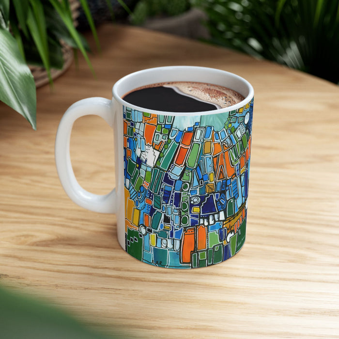 Abstract Green Geometric Ceramic Mug — Colorful Modern Art Coffee Cup (11oz)