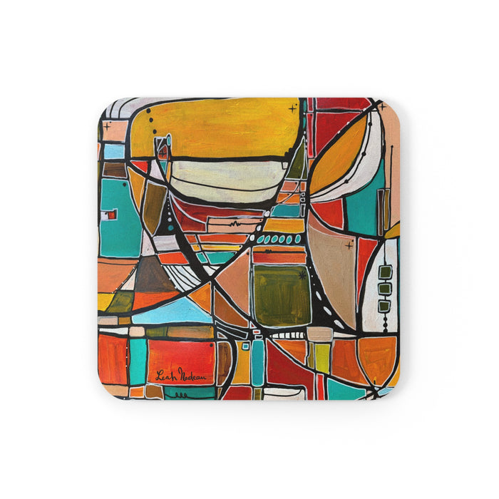 Abstract Geometric Art Cork Coaster — Colorful Mid-Century Modern Drink Coaster