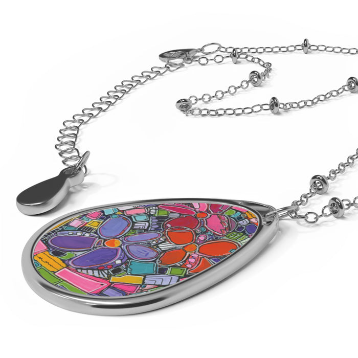 Oval Necklace - "Daisy Power" Teardrop Pendant on Silver Chain