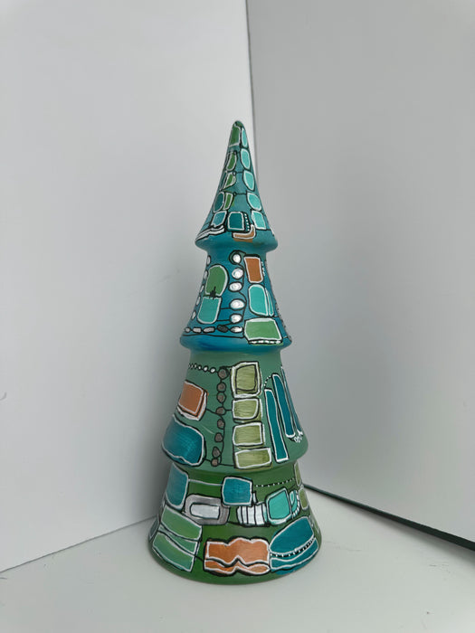 Green, Turquoise and Silver Hand-Painted Ceramic Tree