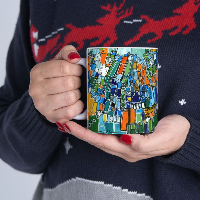 Abstract Green Geometric Ceramic Mug — Colorful Modern Art Coffee Cup (11oz)