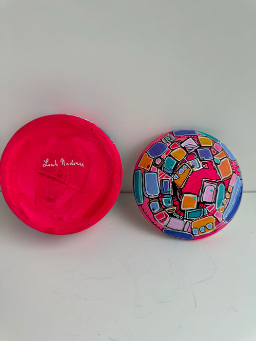 Neon Pink and Blue Hand-Painted Round Ceramic Box