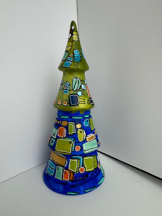 Ultramarine and Lime Green Hand-Painted Ceramic Tree