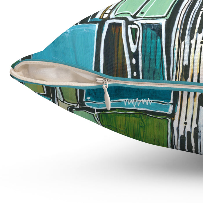 Abstract Geometric Green Blue Square Pillow — Modern Decorative Throw Cushion